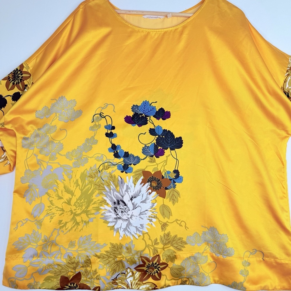 Soft Surroundings Gold Tahitian Floral Satin Kimono Sleeve Top Blouse 2X Relaxed - Picture 11 of 15
